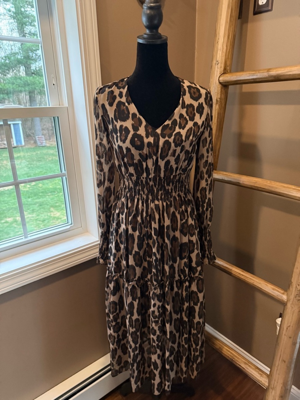 Leopard Print Long Sleeve V-Neck Maxi Dress -